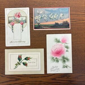 Antique Postcards Flowers Floral Lot of 4 Early 1900s Gilt Embossed Rose
